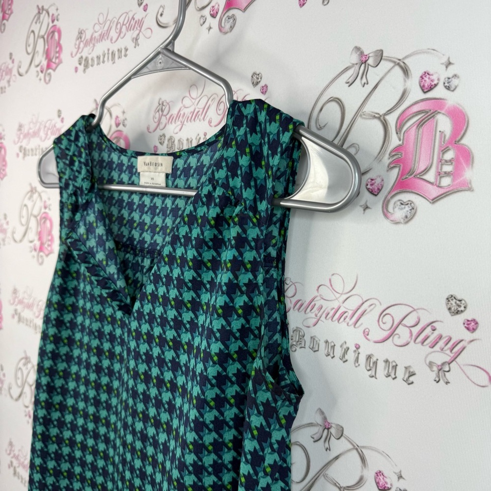 Van Heusen tank top blue green Teal Houndstooth Sleeveless Blouse flowy - Picture 4 of 10